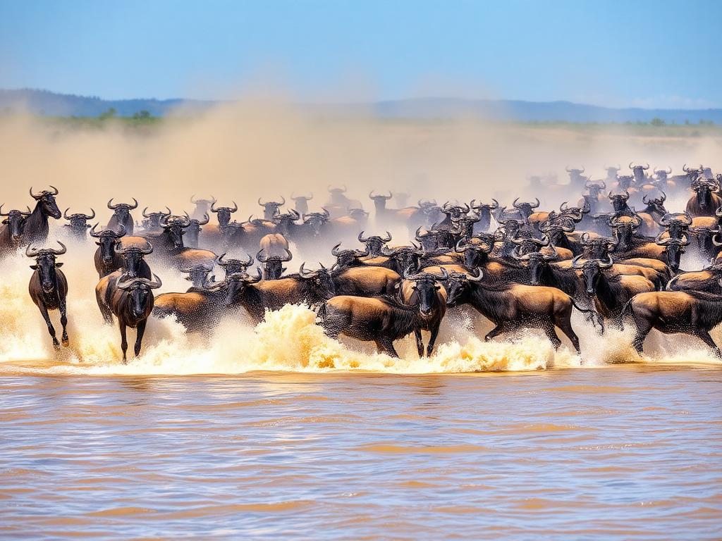 Wildebeest crossing the Mara River during the Great Migration, Serengeti, Tanzania